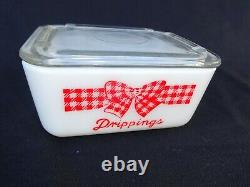 McKEE RED / WHITE GINGHAM BOW TIE DRIPPINGS DISH WITH ORIGINAL LID EXCELLENT