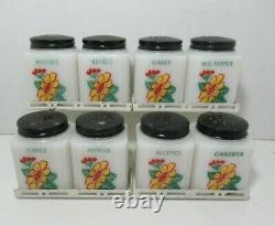 McKEE Tipp City vintage shaker spice jars milk glass yellow daisy black lid rack