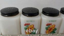 McKEE Tipp City vintage shaker spice jars milk glass yellow daisy black lid rack