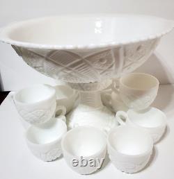 McKee Concord Milk Glass, Daisy and Button Punchbowl Set/Pedestal-(12) VTG