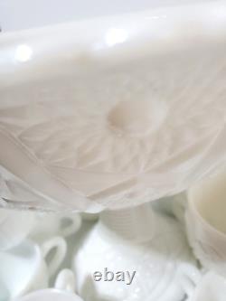 McKee Concord Milk Glass, Daisy and Button Punchbowl Set/Pedestal-(12) VTG