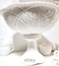 McKee Concord Milk Glass, Daisy and Button Punchbowl Set/Pedestal-(12) VTG