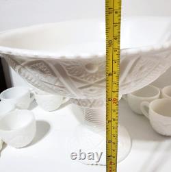 McKee Concord Milk Glass, Daisy and Button Punchbowl Set/Pedestal-(12) VTG