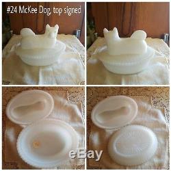 McKee Dog Antique/Vintage Milk Glass Covered Dish withSigned Top