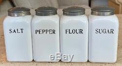 McKee Early White Milk Glass Salt Pepper Flour & Sugar Shakers with Pewter Lids