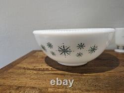 McKee Milk Glass Beaded Tom And Jerry Green Snowflakes 12 Pc Bowl Set 1930s