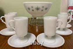 McKee Milk Glass Beaded Tom And Jerry Green Snowflakes 13 Pc Bowl Set 1930s