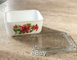 McKee Red Floral Rose Amaryllis White Milk Glass Small Refrigerator Box Dish Jar
