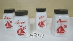 McKee Set of 4 Milk Glass Red Ship Sailboat Pepper Salt Sugar Flour Shakers