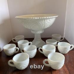 McKee Thatcher White Milk Glass Punch Bowl with Pedestal & 10 Cups Amazing Set