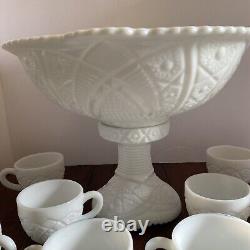 McKee Thatcher White Milk Glass Punch Bowl with Pedestal & 10 Cups Amazing Set