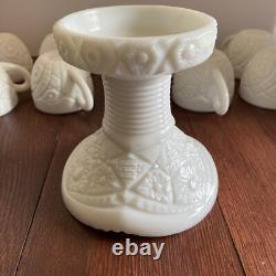 McKee Thatcher White Milk Glass Punch Bowl with Pedestal & 10 Cups Amazing Set