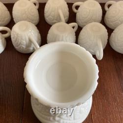 McKee Thatcher White Milk Glass Punch Bowl with Pedestal & 10 Cups Amazing Set