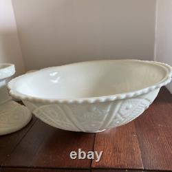 McKee Thatcher White Milk Glass Punch Bowl with Pedestal & 10 Cups Amazing Set