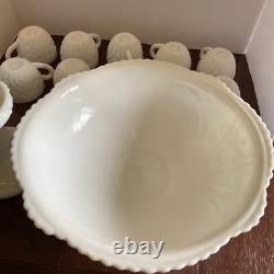 McKee Thatcher White Milk Glass Punch Bowl with Pedestal & 10 Cups Amazing Set