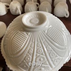 McKee Thatcher White Milk Glass Punch Bowl with Pedestal & 10 Cups Amazing Set
