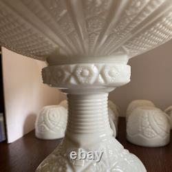 McKee Thatcher White Milk Glass Punch Bowl with Pedestal & 10 Cups Amazing Set