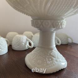 McKee Thatcher White Milk Glass Punch Bowl with Pedestal & 10 Cups Amazing Set