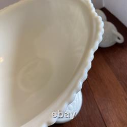 McKee Thatcher White Milk Glass Punch Bowl with Pedestal & 10 Cups Amazing Set