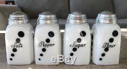 McKee White Milk Glass Black Polka Dot Salt Pepper Flour Sugar Range Shaker Set
