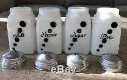 McKee White Milk Glass Black Polka Dot Salt Pepper Flour Sugar Range Shaker Set