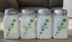 McKee White Milk Glass Green Polka Dot Salt Pepper Flour Sugar Range Shaker Set