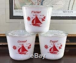 McKee White Milk Glass Red Ships Sailboats 3 Piece Kitchen Canister Jar Set