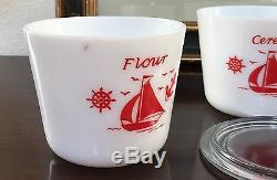 McKee White Milk Glass Red Ships Sailboats 3 Piece Kitchen Canister Jar Set