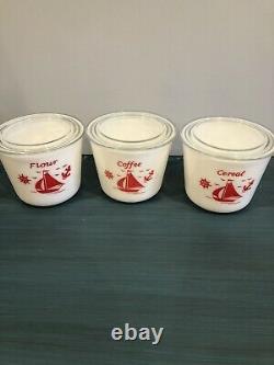 McKee White Milk Glass Red Ships Sailboats 3 Piece Kitchen Canister Jar Set RARE