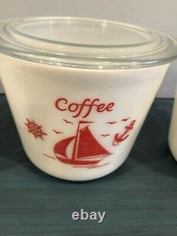 McKee White Milk Glass Red Ships Sailboats 3 Piece Kitchen Canister Jar Set RARE