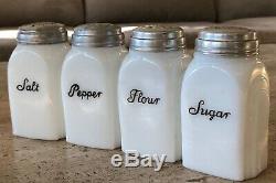 McKee White Milk Glass Roman Arch Salt Pepper Flour Sugar Range Shaker Set