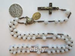 Med 1850's Antique White Opaline Milk Glass Beads Rosary-in Brass Puffed Heart