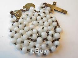 Med 1850's Antique White Opaline Milk Glass Beads Rosary-in Brass Puffed Heart