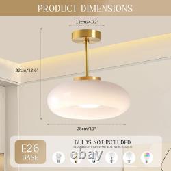 Mid Century Brass Semi Flush Mount Light with White Milk Glass Shade