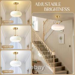 Mid Century Brass Semi Flush Mount Light with White Milk Glass Shade