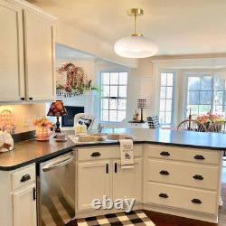 Mid Century Brass Semi Flush Mount Light with White Milk Glass Shade