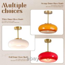 Mid Century Brass Semi Flush Mount Light with White Milk Glass Shade