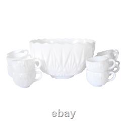 Mid-Century Geometric White Milk Glass Punch Bowl & Cups