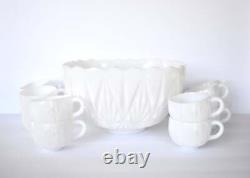 Mid-Century Geometric White Milk Glass Punch Bowl & Cups