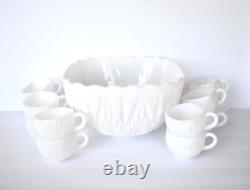 Mid-Century Geometric White Milk Glass Punch Bowl & Cups