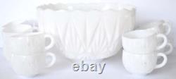 Mid-Century Geometric White Milk Glass Punch Bowl & Cups