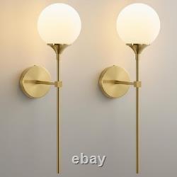 Mid Century Globe Wall Sconce Set of 2 Brass Bathroom Milk Glass Lights Modern