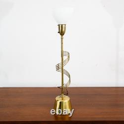 Mid Century Modern Table Lamp Swirled Brass Metal White Milk Glass Shade Vintage