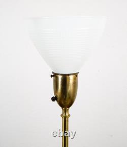 Mid Century Modern Table Lamp Swirled Brass Metal White Milk Glass Shade Vintage