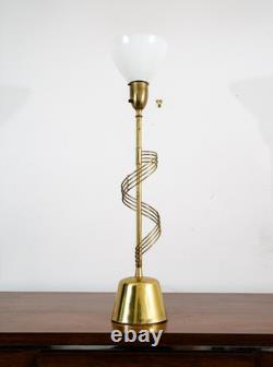 Mid Century Modern Table Lamp Swirled Brass Metal White Milk Glass Shade Vintage