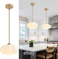 Mid Century Modern White Milk Glass Pendant Light with Gold Accent 9.8