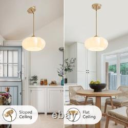 Mid Century Modern White Milk Glass Pendant Light with Gold Accent 9.8