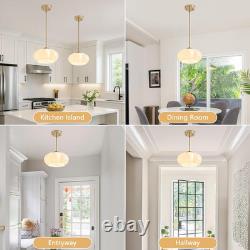 Mid Century Modern White Milk Glass Pendant Light with Gold Accent 9.8
