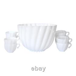 Mid-Century White Milk Glass Punch Bowl & Cups