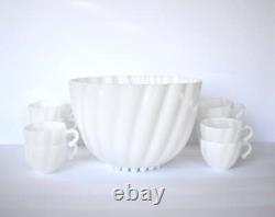 Mid-Century White Milk Glass Punch Bowl & Cups